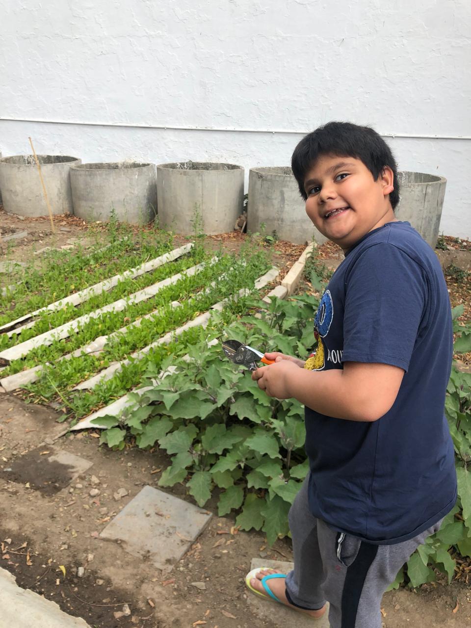 Pranay tending a garden bed near water-storage rings