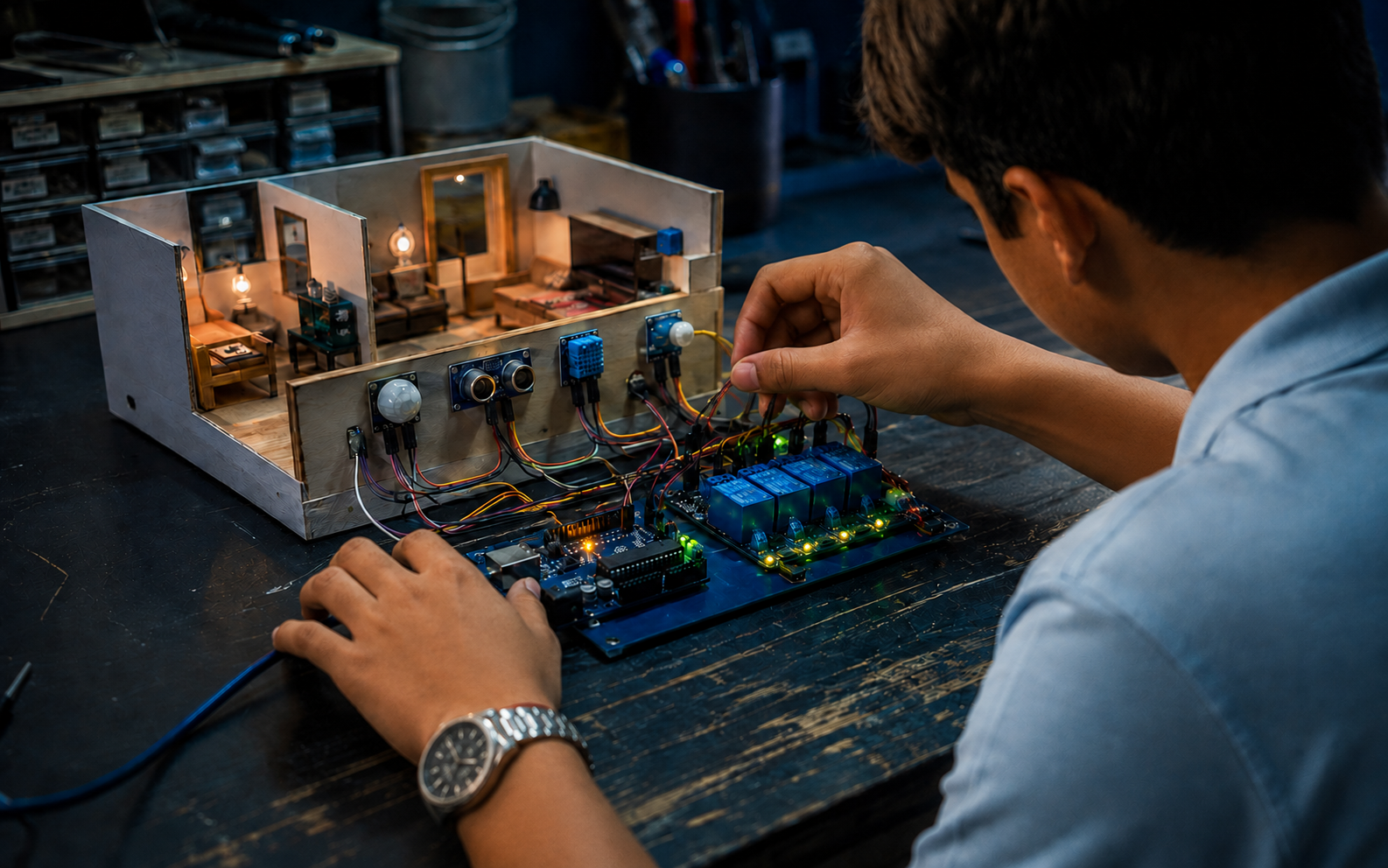 Smart-home automation prototype with sensors and controller board